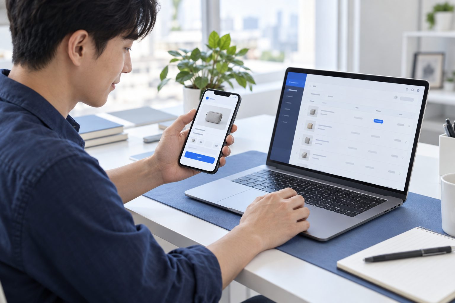 휴대전화와 노트북으로 결제 연동 화면을 확인하는 사업자 — AI 연출 이미지