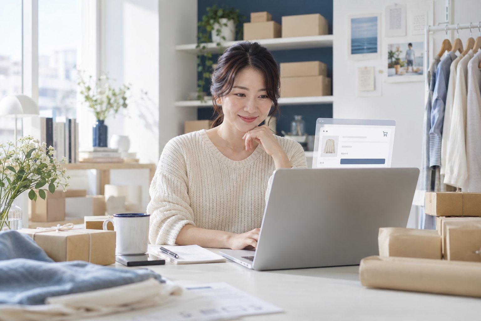 노트북으로 신청 상태를 확인하는 온라인 판매자 — AI 연출 이미지