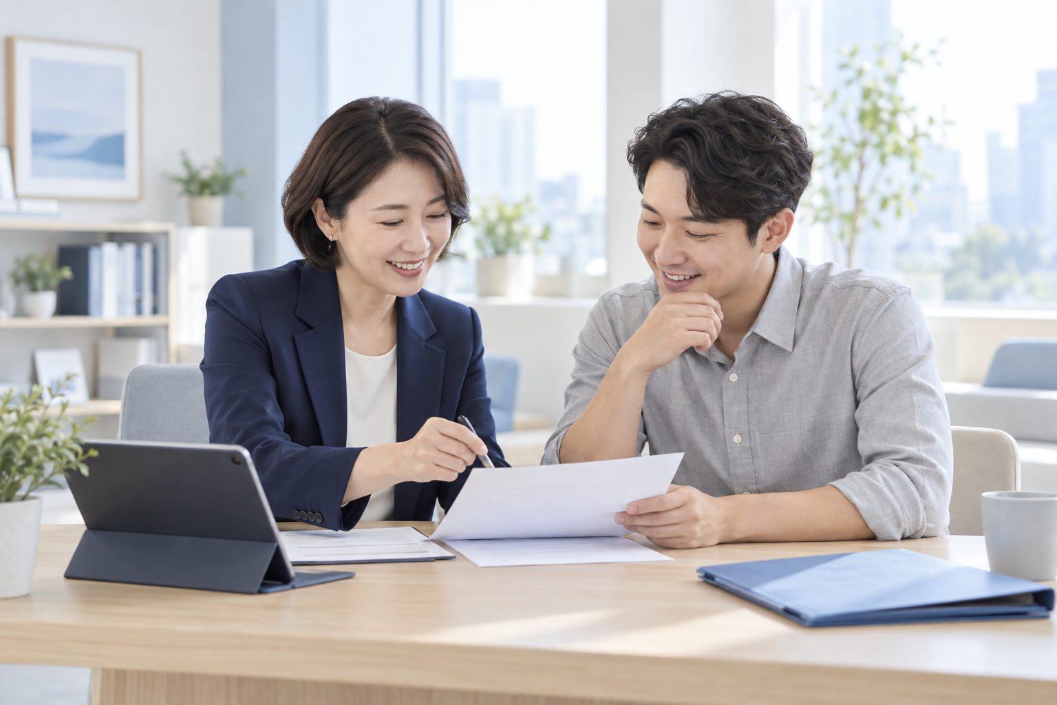 서류를 함께 검토하며 확인 항목을 짚는 두 사람 — AI 연출 이미지