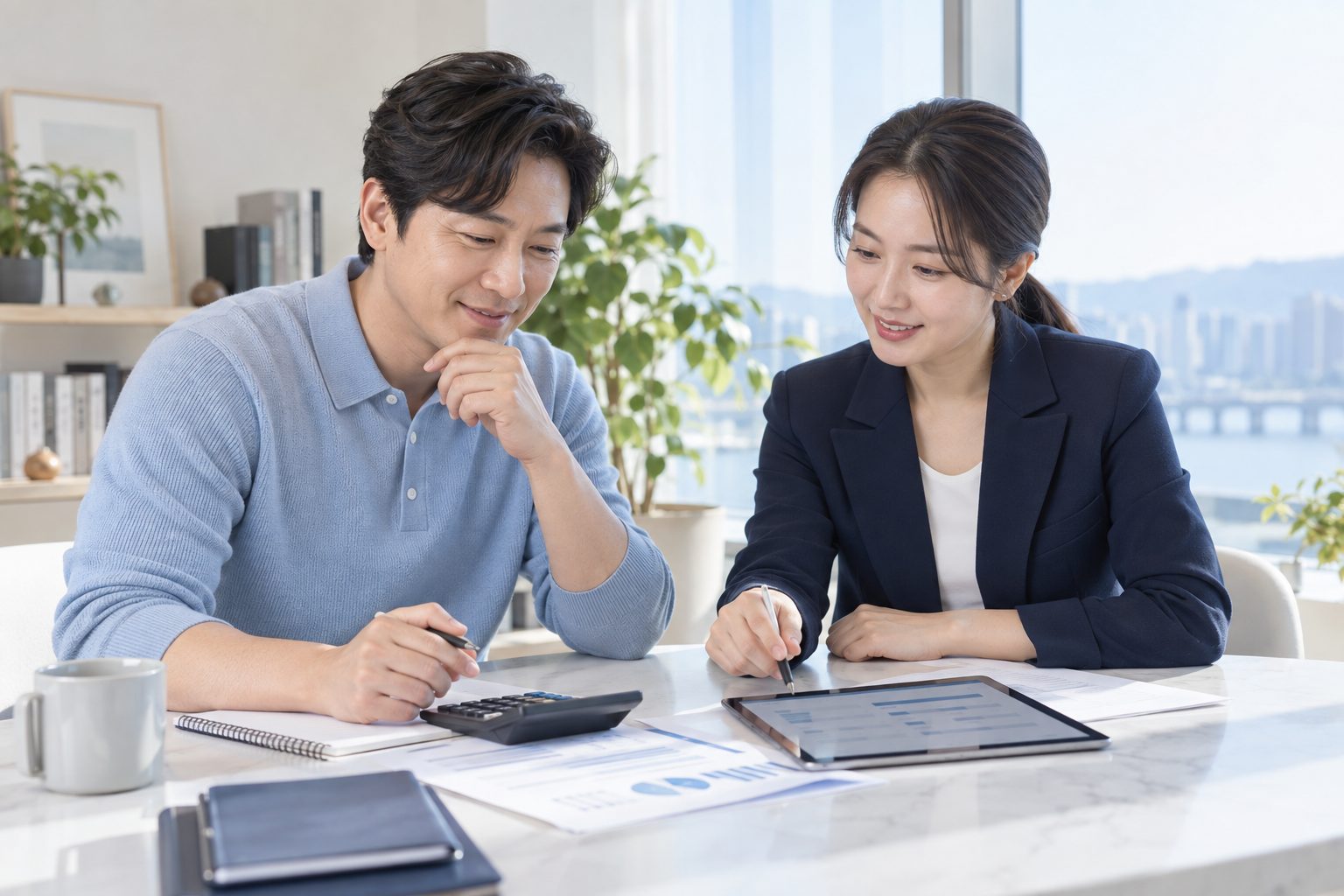 태블릿을 보며 진행 단계를 함께 정리하는 두 사람 — AI 연출 이미지