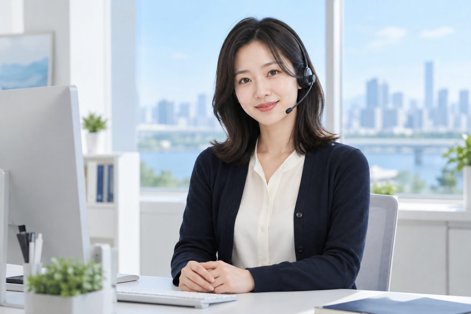 헤드셋을 쓰고 웃으며 상담 전화를 받는 담당자 — AI 연출 이미지