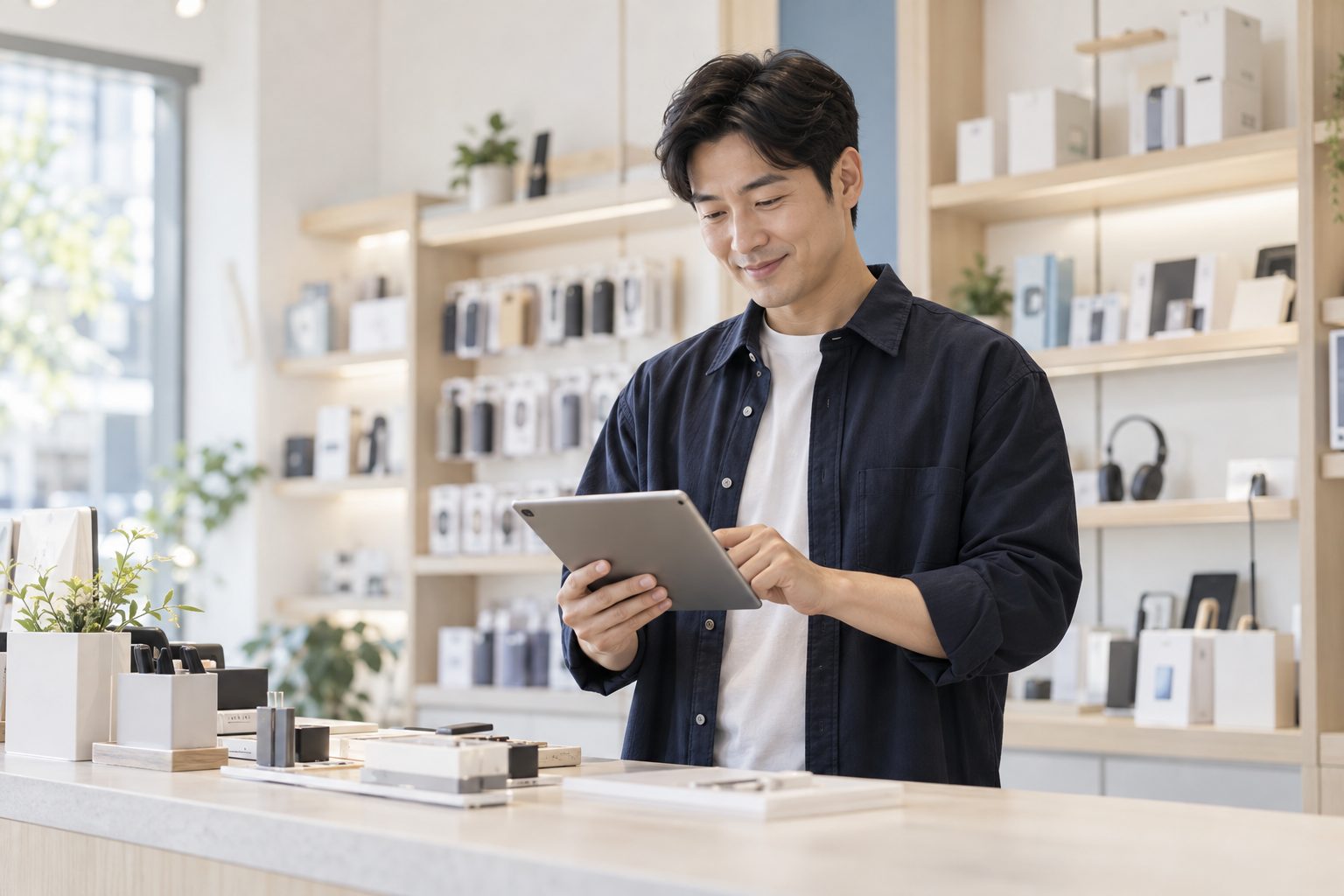 매장에서 태블릿으로 요건 목록을 확인하는 사업자 — AI 연출 이미지