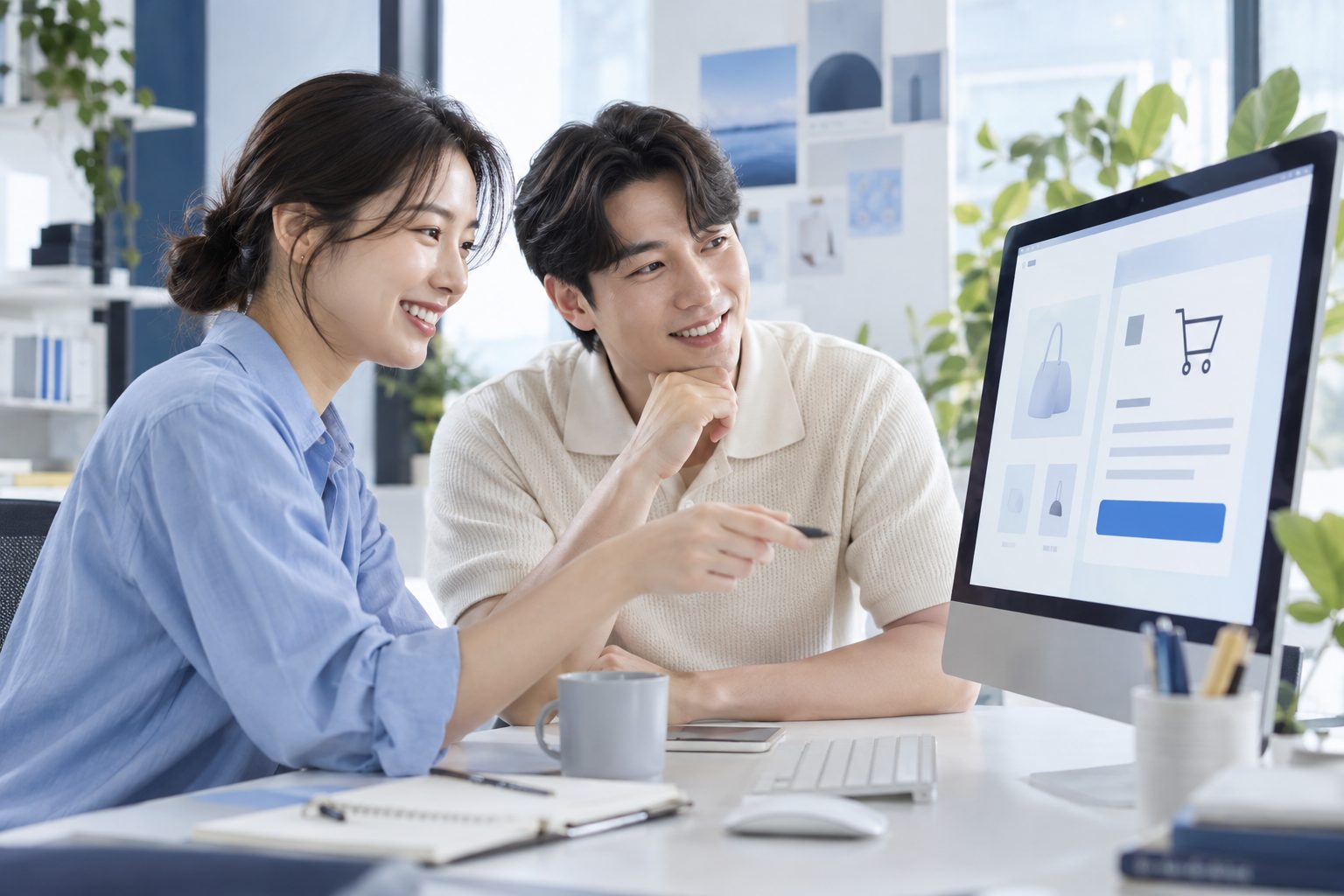 모니터 앞에서 상담 내용을 함께 정리하는 두 사람 — AI 연출 이미지